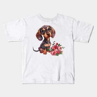 Valentine Dachshund Dog Giving Flowers Kids T-Shirt